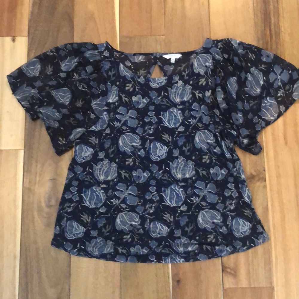 Lucky brand floral top navy sheer sleeves